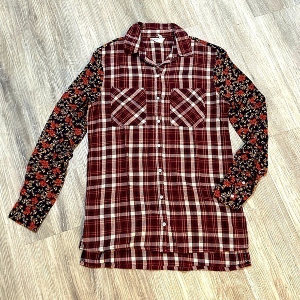 BETHANY MOTA boho plaid button up shirt with floral sleeves. Excellent condition